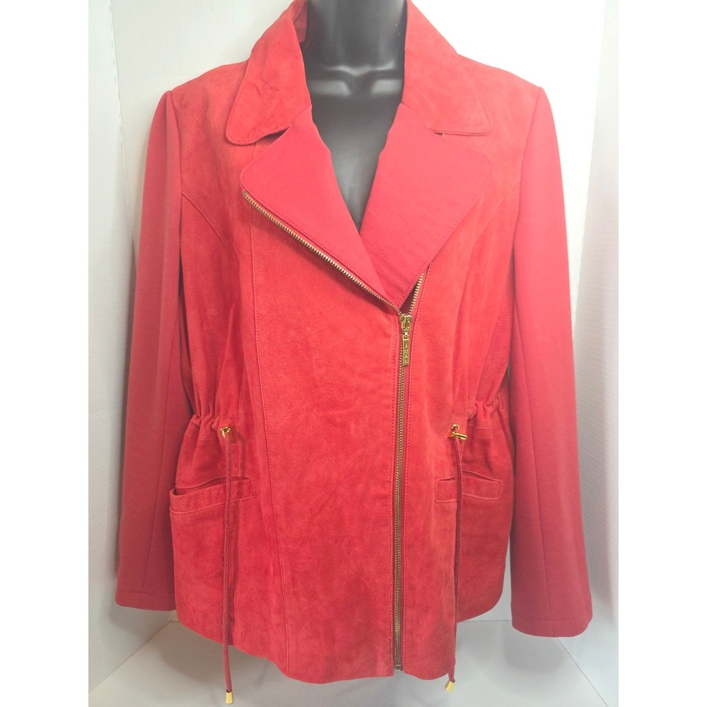 IMAN Tomato Red Genuine Suede Leather Asymmetrical Zip Moto Jacket L Drawstring